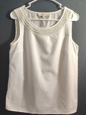 LOFT White Sleeveless with Beaded Neckline Feminine Career Classic Top